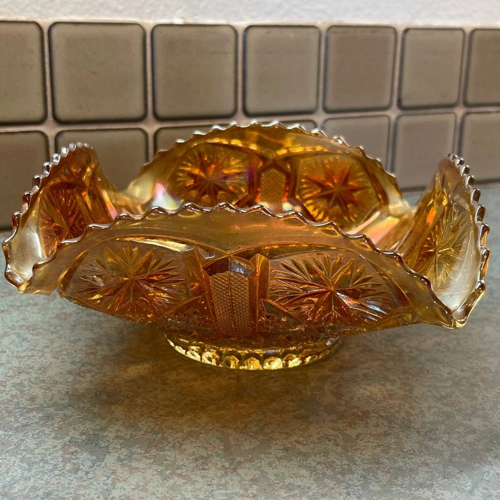 Vintage Imperial Glass Marigold Carnival‎ Glass Star & File Square Bowl